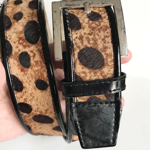 Vtg Calvin Klein Brown Black Leather Belt Womens Size M Cow Fur Spots Cowgirl - Picture 11 of 16